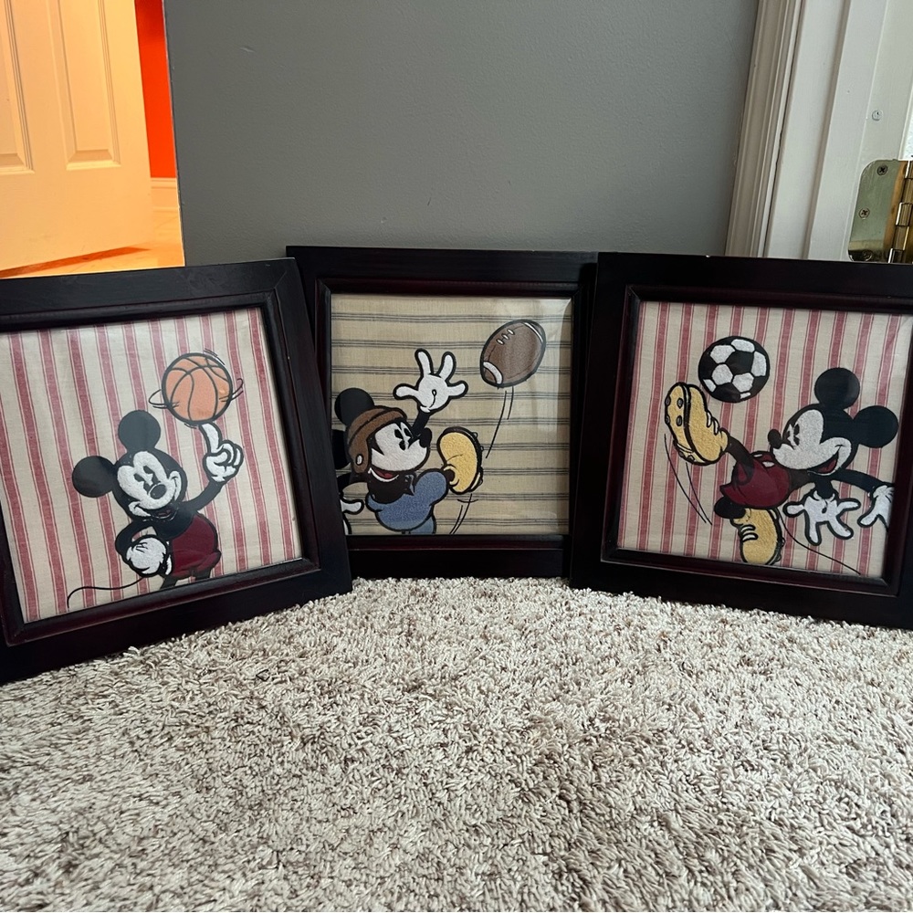 Vintage Disney Framed Mickey Mouse Sports Fabric Embroidered Wall Decor 3 Pcs.